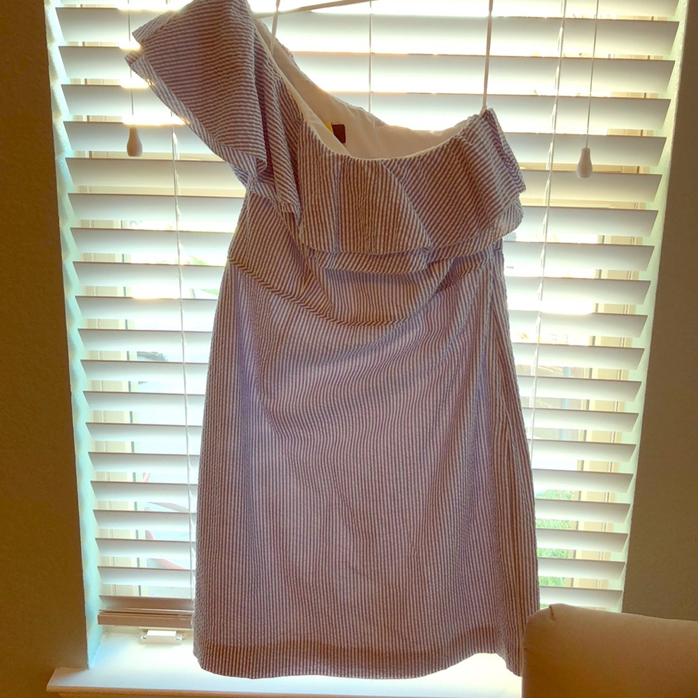 One shoulder seersucker dress